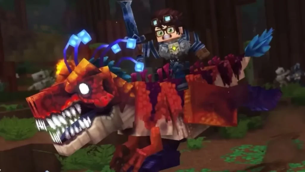 Jugador montando un dinosaurio en Hytale